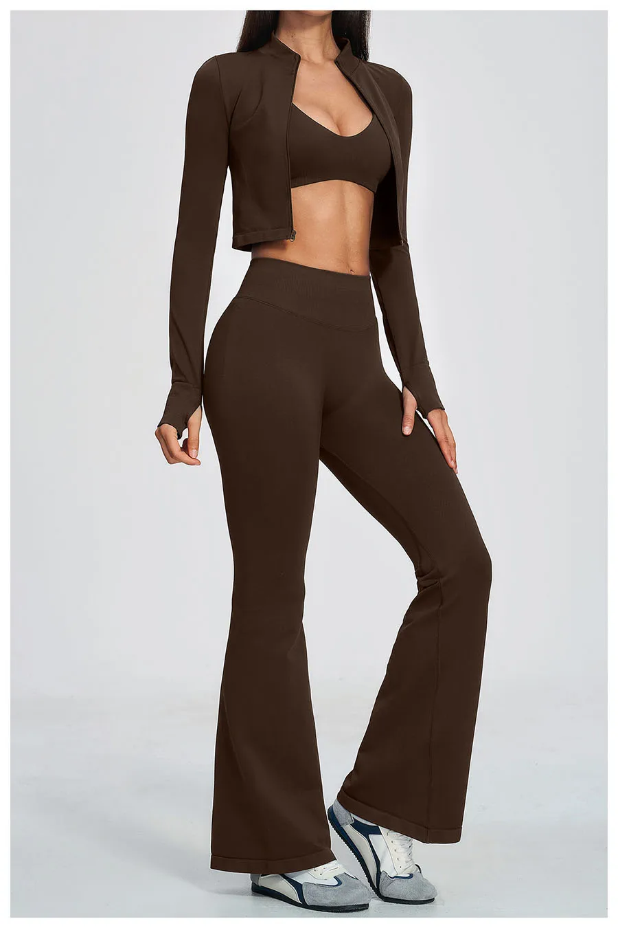 Damen-Trainingsanzug 3-teilig, Yoga-Anzug, nahtloses Sportset, ausgestellte Leggings, Fitness- und Laufoutfit, langärmelige Sportjacke, Yoga-Bekleidung – Detail 17