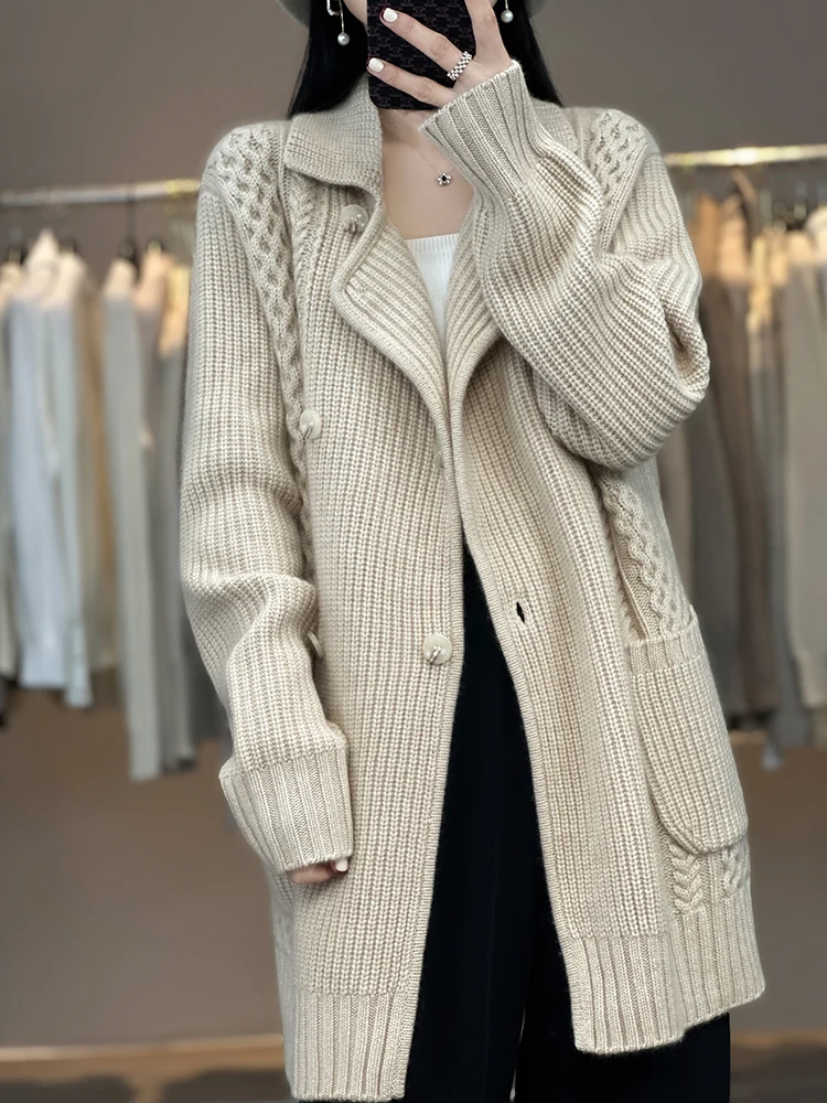 100% Merino Wool Sweater Women Turn-down Collar Cardigan Long Coat Autumn Winter Thick Cashmere Knitwear Female Grace Clothing