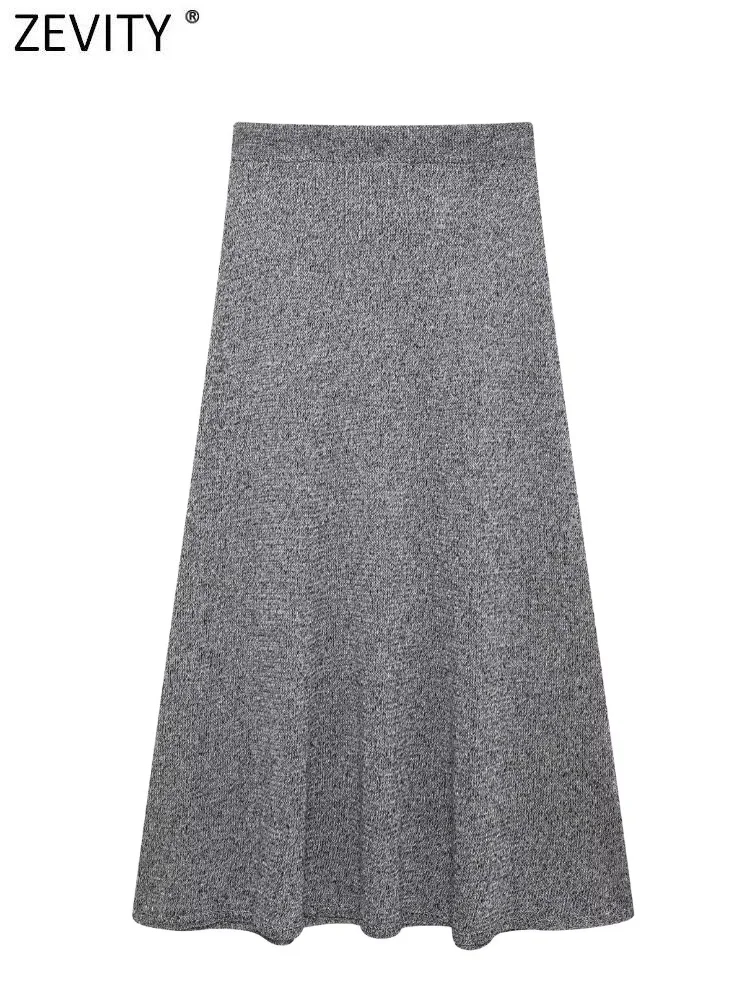 ZEVITY 2024 Women Elegant Grey Color Casual Knitting Flare Midi Skirt Female Slim Brand A Line Skirts Mujer QUN6276