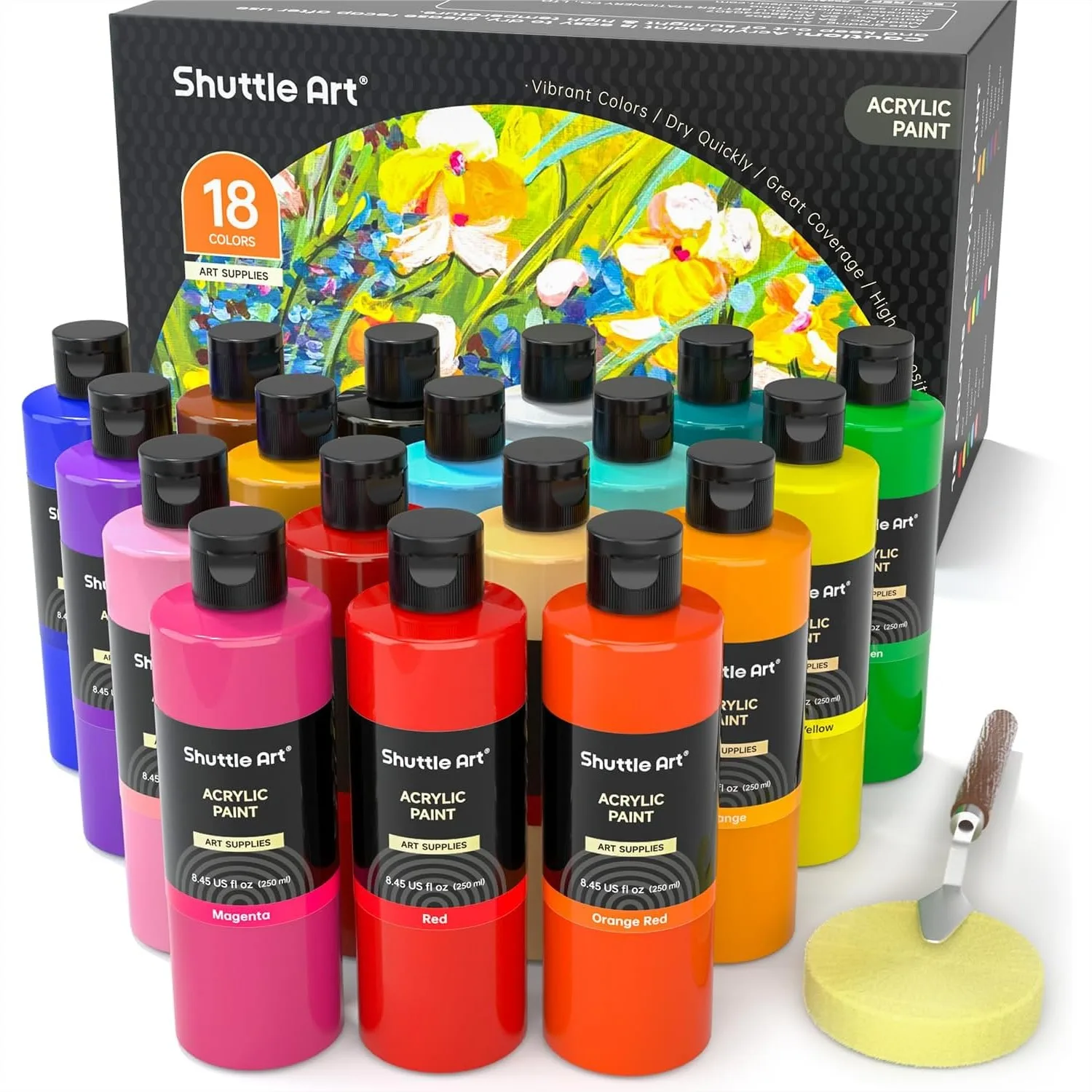 18 Colors Acrylic Paint Set, 250ml/8.45oz Each, Rich Pigmented Bulk Painting Supplies for Artists, Beginners, Kids on Canvas