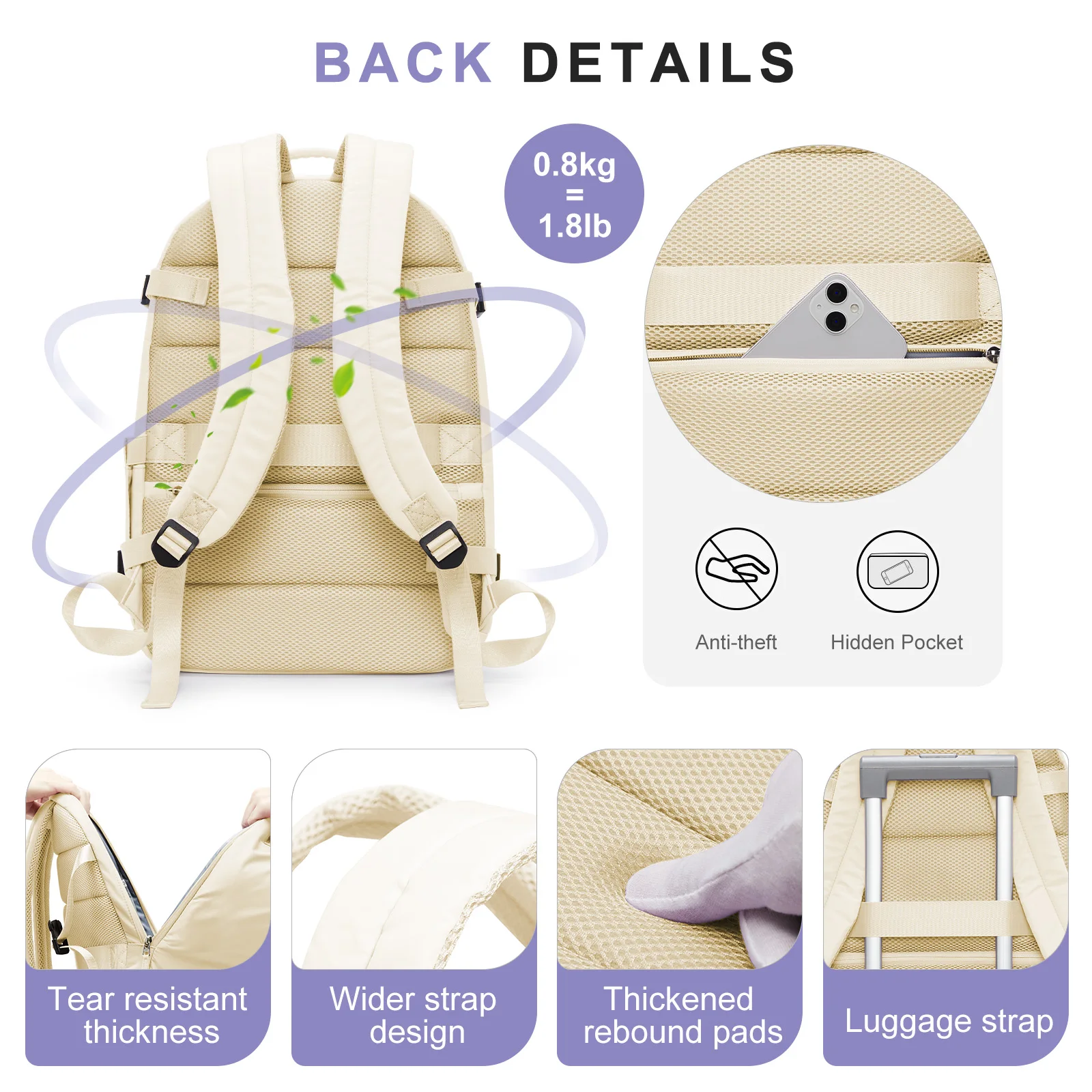 حقيبة أمتعة يدوية، سعة كبيرة تحت المقعد حقيبة السفر مقاس 45 × 33 × 20 سم حقيبة ظهر للكمبيوتر المحمول، حقيبة حمل، حقيبة مدرسية جامعية