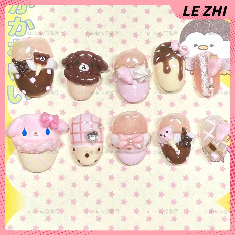 Cute Rabbit Bear Cat 3D Animals Press On Nails Art Stickers Strawberry Dot Pattern Note Almond Manicure Fake Nails view 3