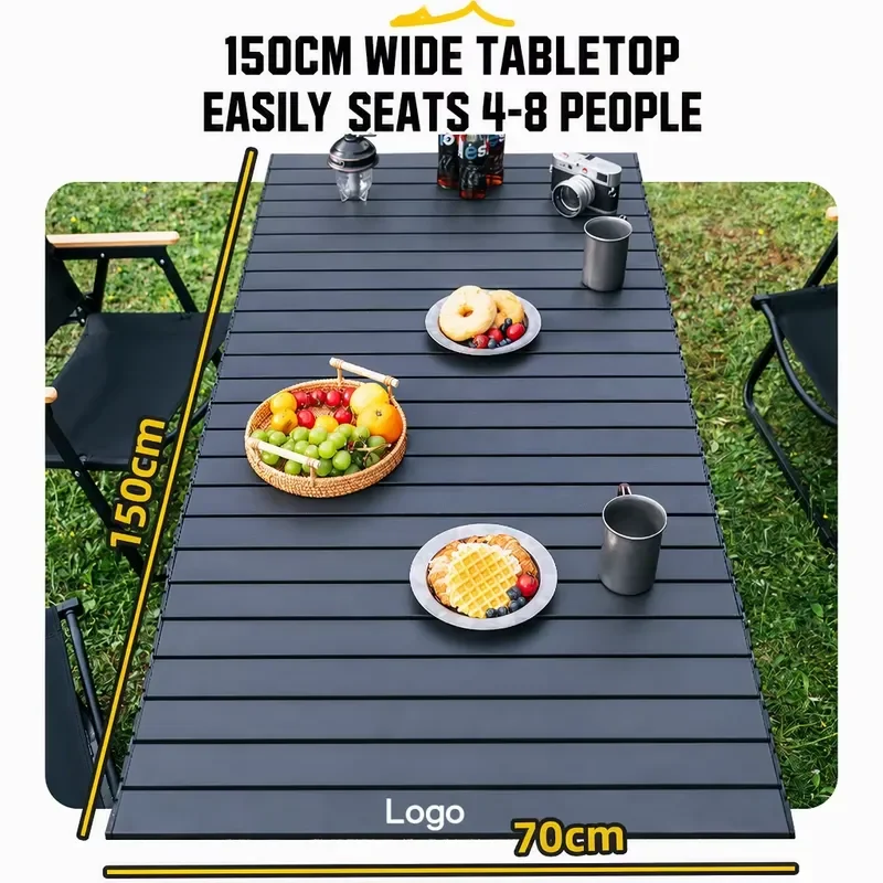 Camping table set with 2 folding chairs, black carbon steel roll-up table, suitable for outdoor picnic camping, portable