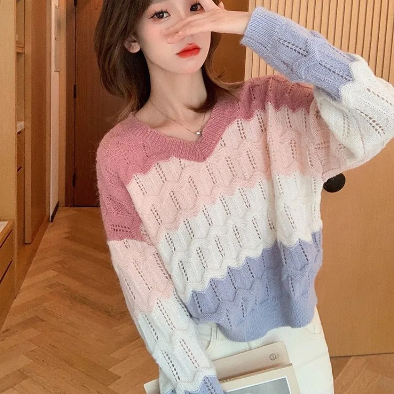 Women Autumn Loose Fashion Striped Hollow Out V-neck Long Sleeve Knitwear Women Clothes Casual All-match Trend Knitting Tops