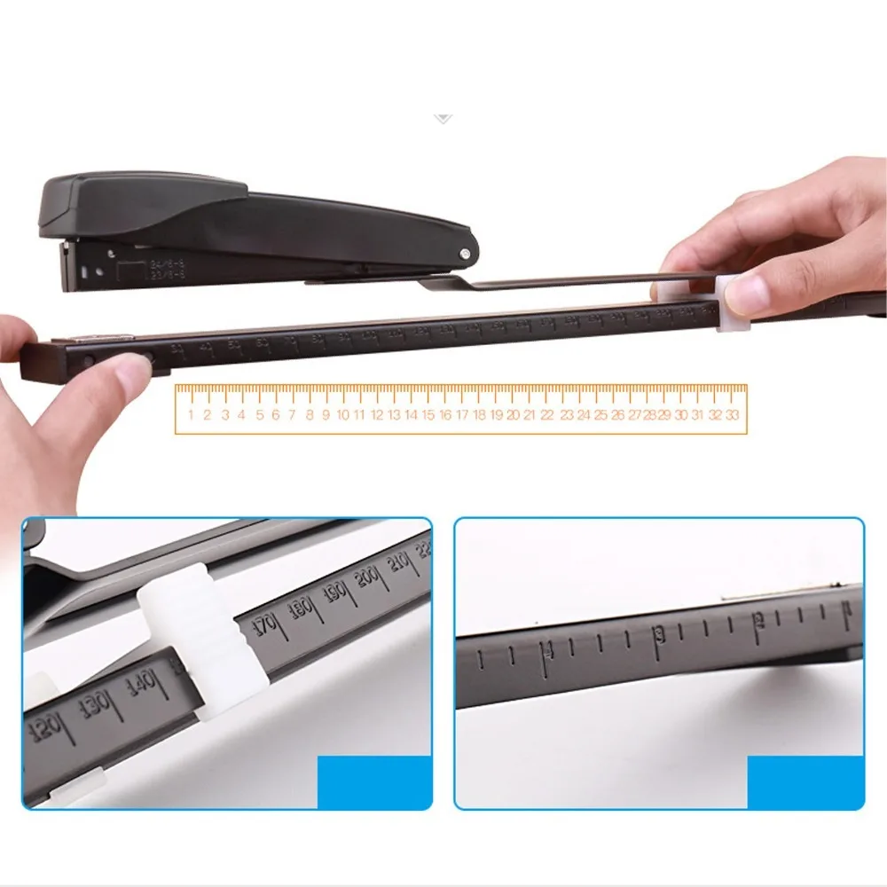 20 Sheets Metal Body Long Reach Stapler Adjustable Throat Black Booklet Stapler Full Strip 20 Sheet Capacity Paper Binder