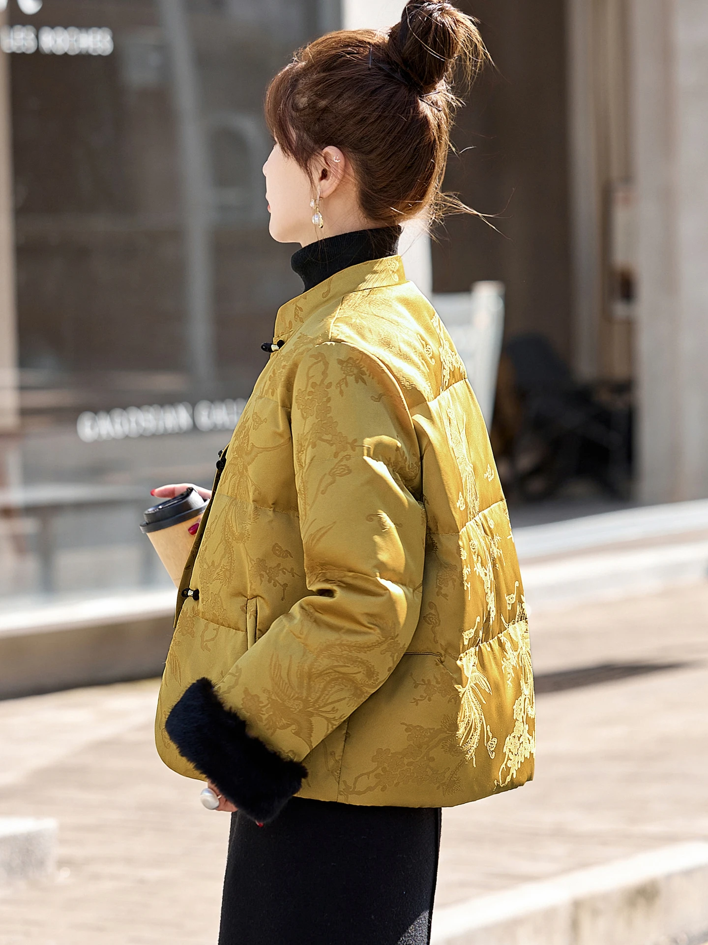 Novo Sle Chinês Tamanho Pequeno para baixo Jaet Or Feminino Inverno High End Personali National Sle Gola Botão Branco D...