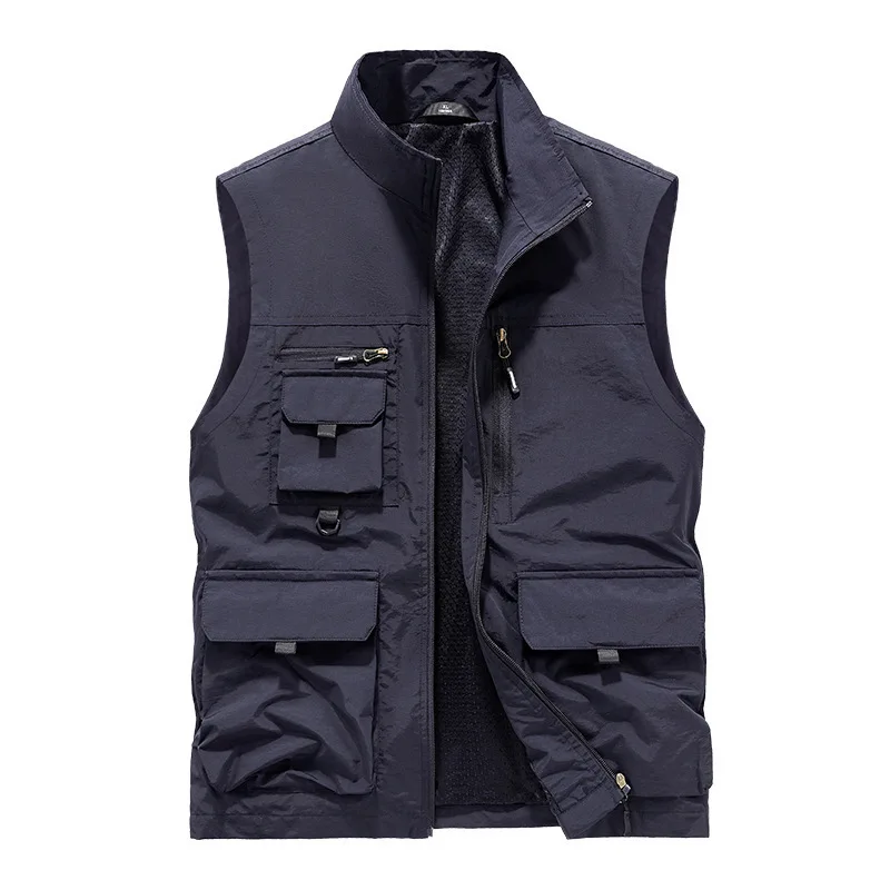 Men's Large Size Quick-Drying Vest Sleeveless Stand-Up Collar Multi-Pocket Workwear Waistcoat for Spring And Autumn