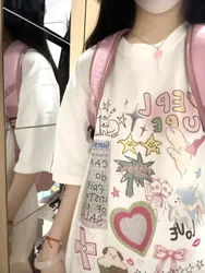 Loose Fit Cotton T-Shirt Short Sleeve Cartoon Print Korean Style Women's Fashionable Casual Top Streetwear