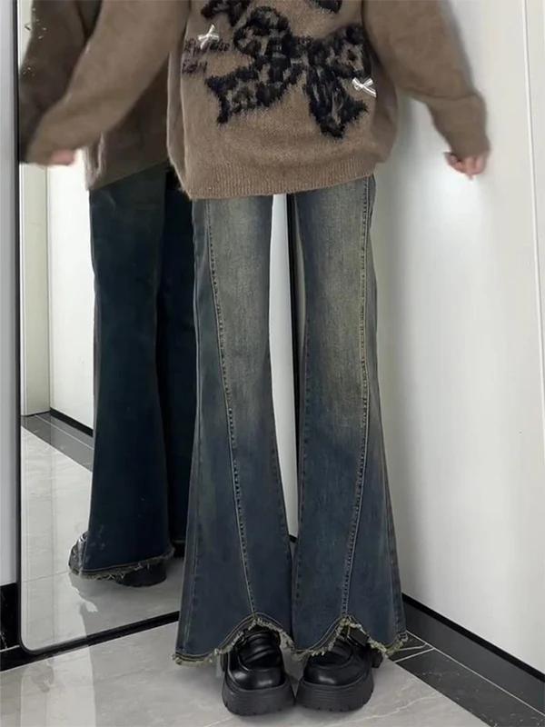 

Retro Frayed Hem Bell Bottom Jeans Women's Autumn Winter Distressed plus Size Flattering High Waist Slimming Hip Concealing E...