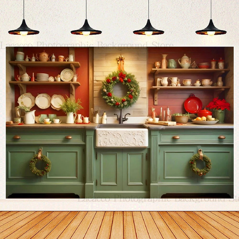 Red and Green Christmas Kitchen Background Photography Winter Vintage Wooden Cabinet Wreath Xmas Tree Backdrop Photo Studio Prop