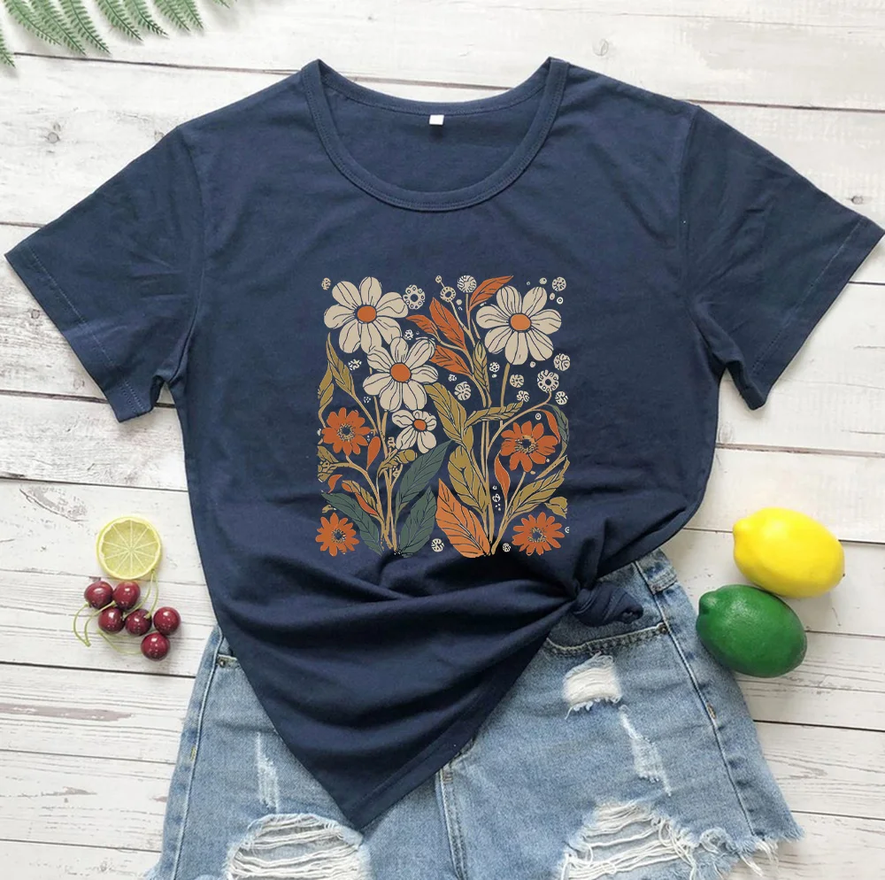 Women Vintage Wildflower T-shirt nspired Boho Retro Flower T Shirts 100% cotton New spring and summer fashion T-shirt top tee