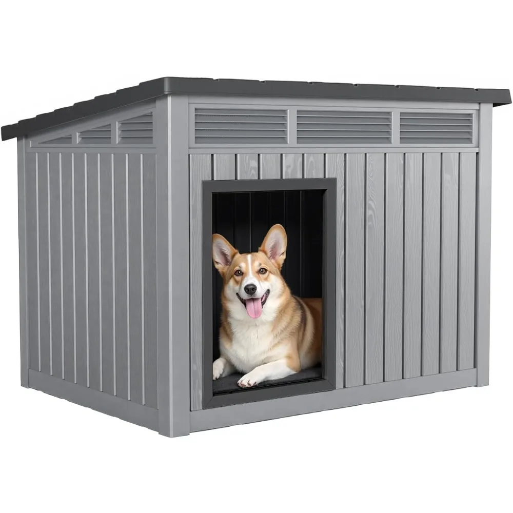 

Dog House – Resin Outdoor/Indoor Shelter with Ventilated Slope Roof, Weatherproof Dog House for Backyard, Patio & Garage