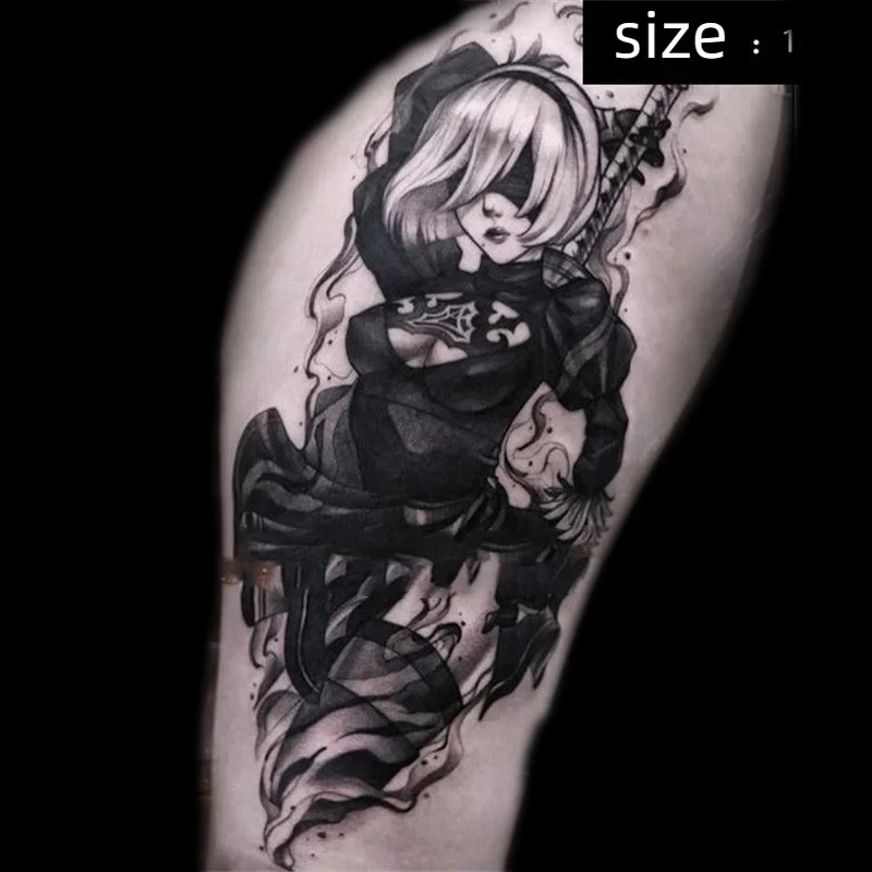 

NieR Temporary Tattoos Black Cool Girl Big Size Game Transfer Tattoo Body Art Waterproof Fake Tatoo Stickers for Woman Men