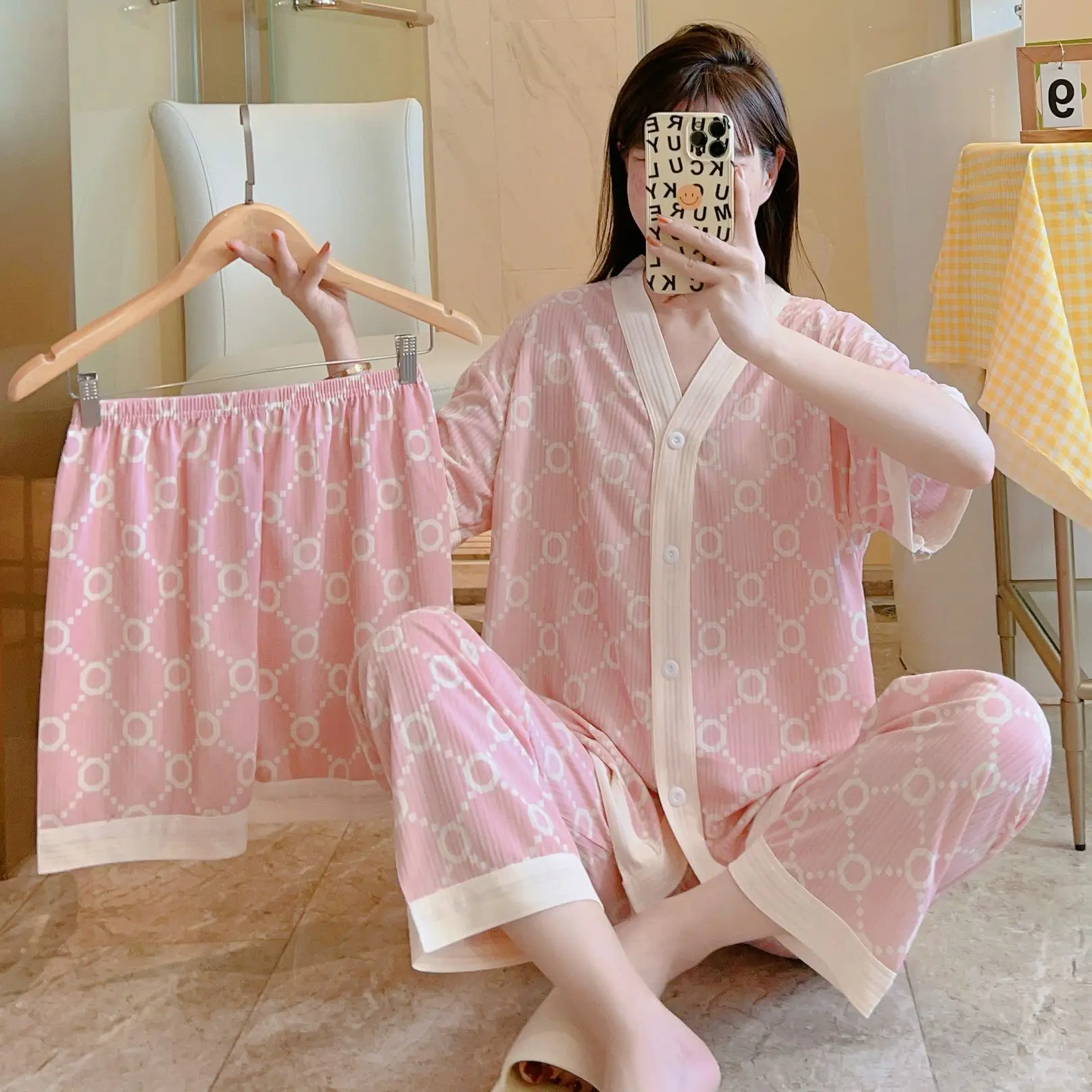 Summer Maternity Pyjamas Homewear Three-Piece Breastfeeding Pyjamas Monthly Clothing Short-Sleeved Shorts Trousers Homewear