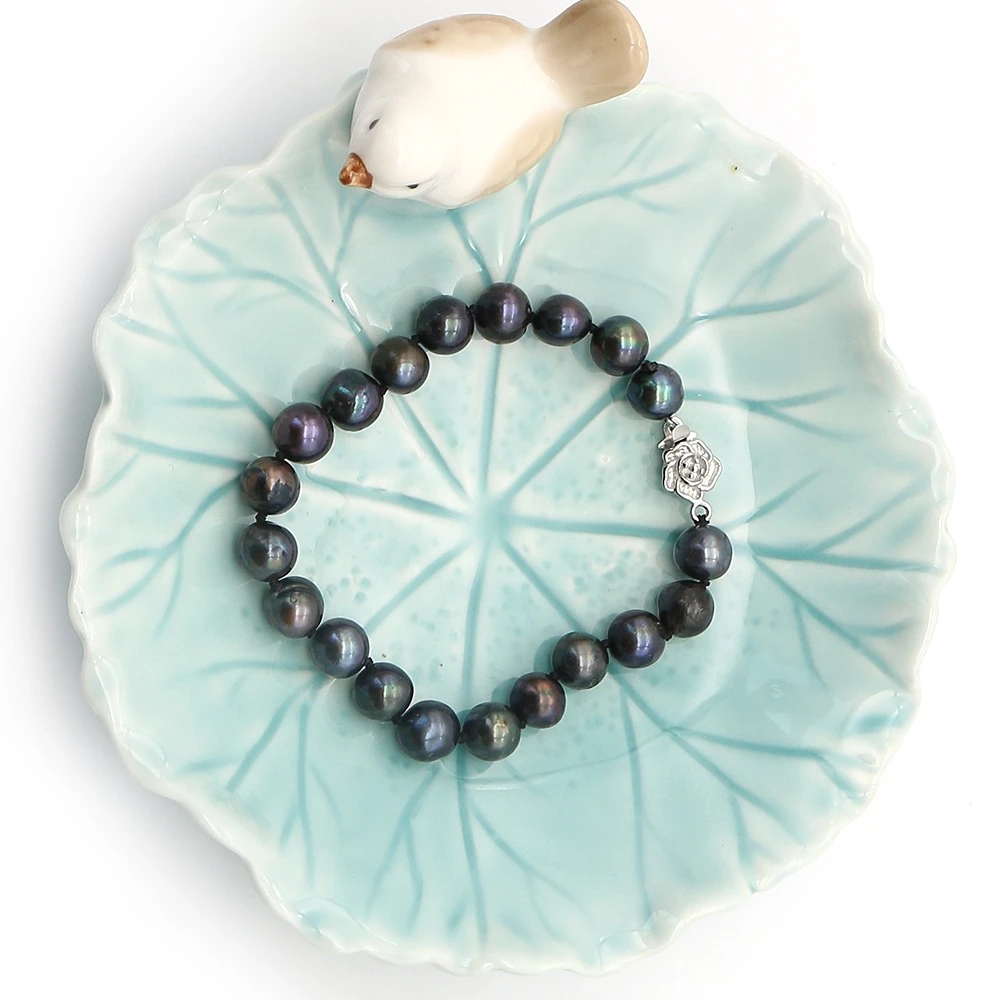 

8-9mm Round Dyed Freshwater Pearl Spacer Bead Bracelet Flower Shape Clasp Design Dark-style Pearl Jewelry ‌For Easy To Wear‌