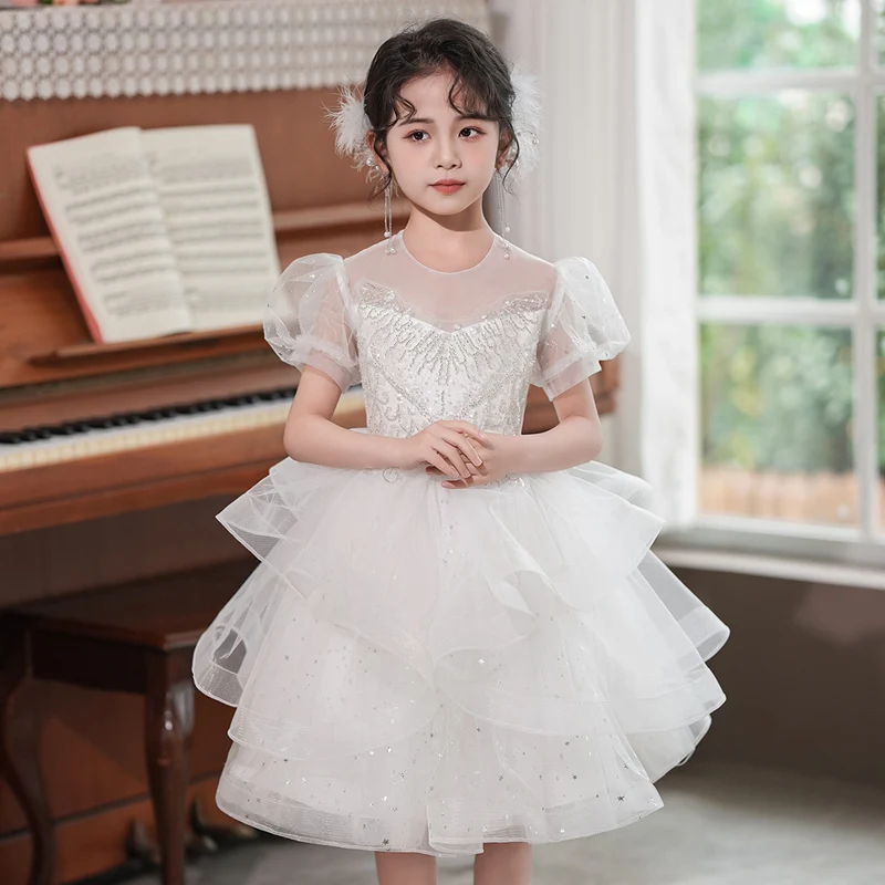 

Q197 Girls' Court Style Short Dress Children's Princess Bubble Sleeves Mesh Puff Skirt Little Host Performa