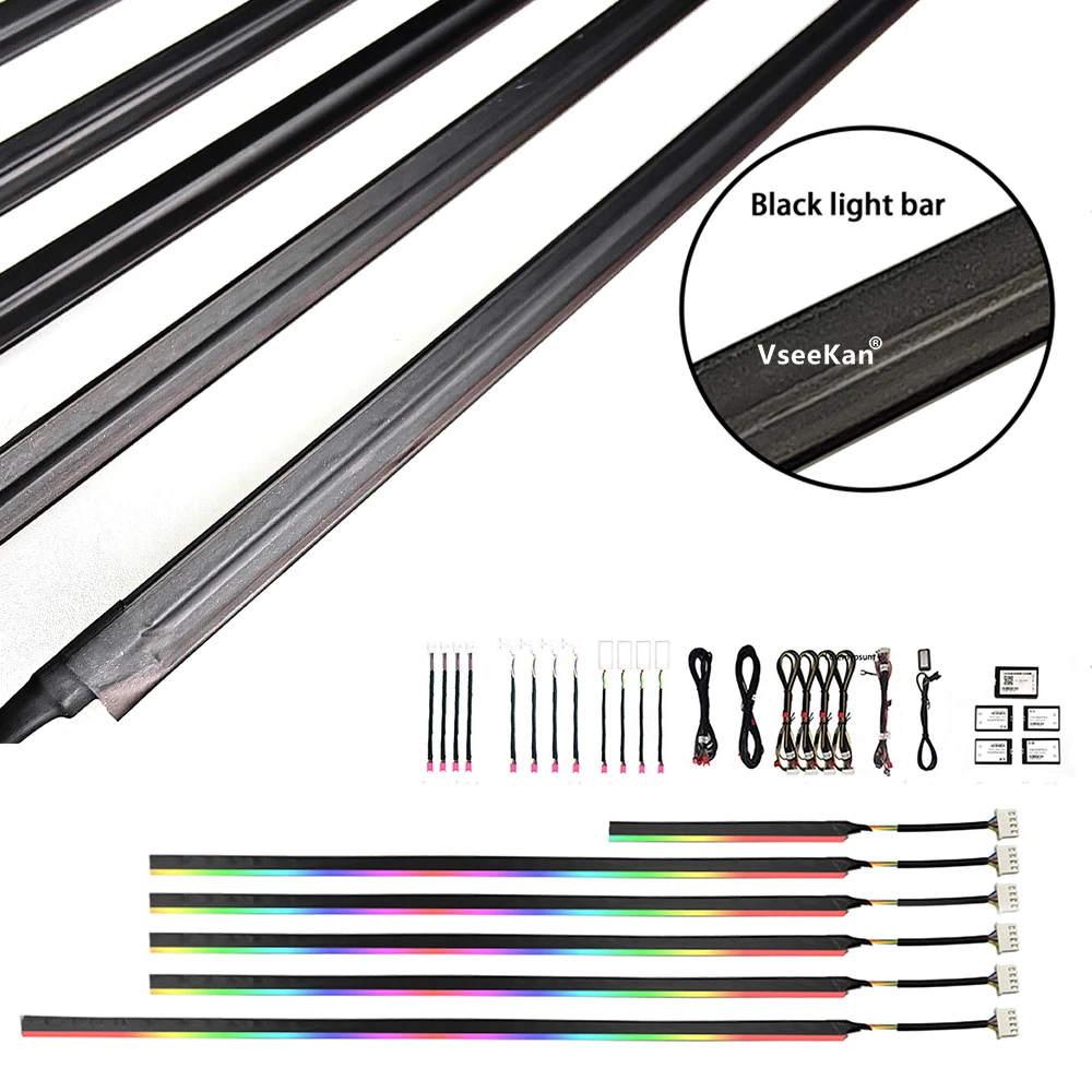 

Автомобильная атмосферная лампа, черная световая панель, автомобильное окружающее освещение, красочная 18 в 1, черная акриловая световодная полоса, декоративный светильник, 64 цвета