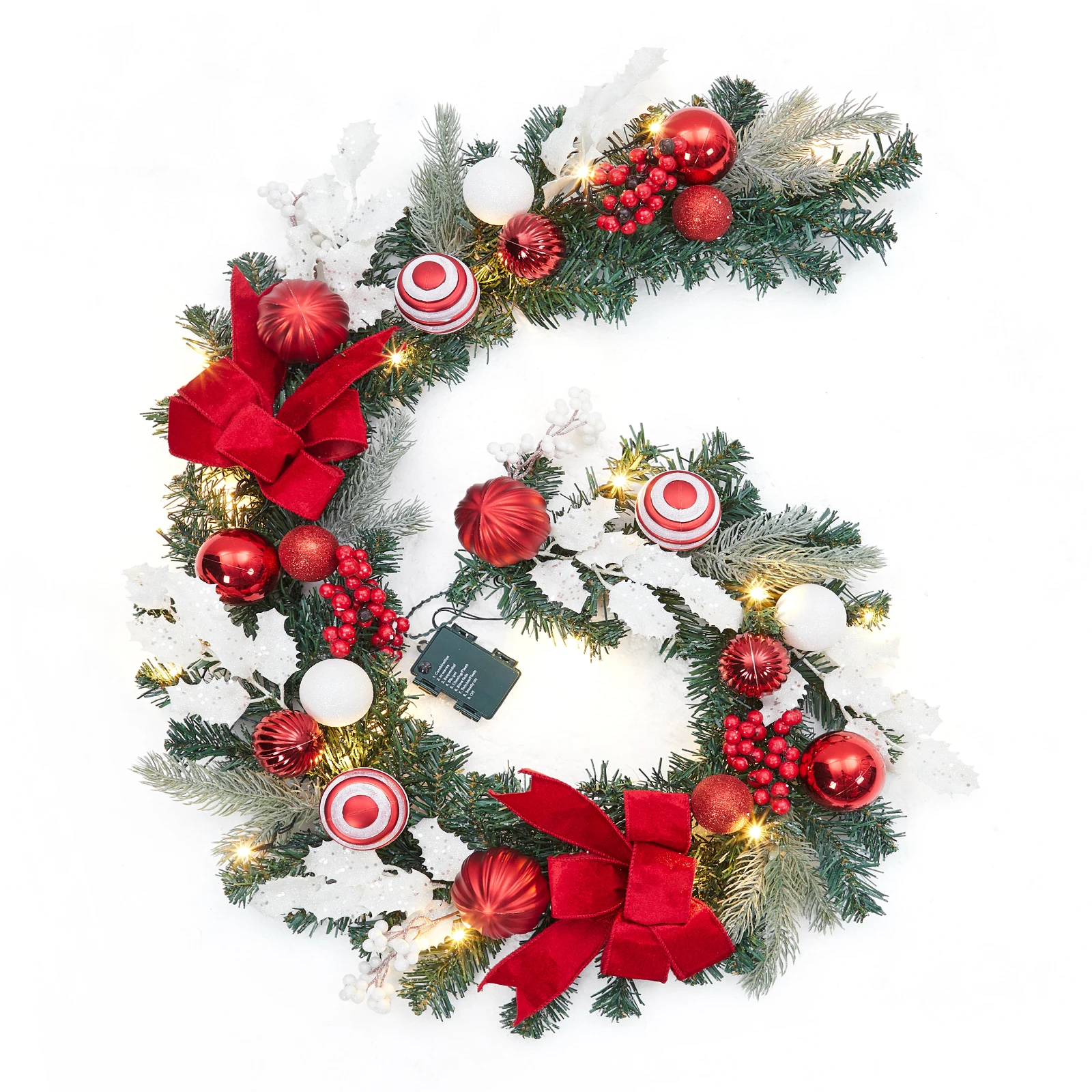 6 Ft Pre Lit Christmas Garland for Mantle, Lighted Christmas Garland with 20 Led Lights & Red Bows, Xmas Decorations for Outdoor Window Fireplace