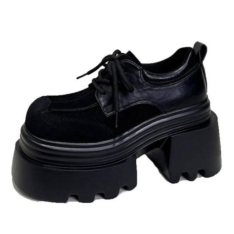 

New 2026 Fashion 9CM Heels Women's High Platform Leather Shoes Autumn Chunky Sneakers Female Lace-up Loafers Walking Shoes Woman