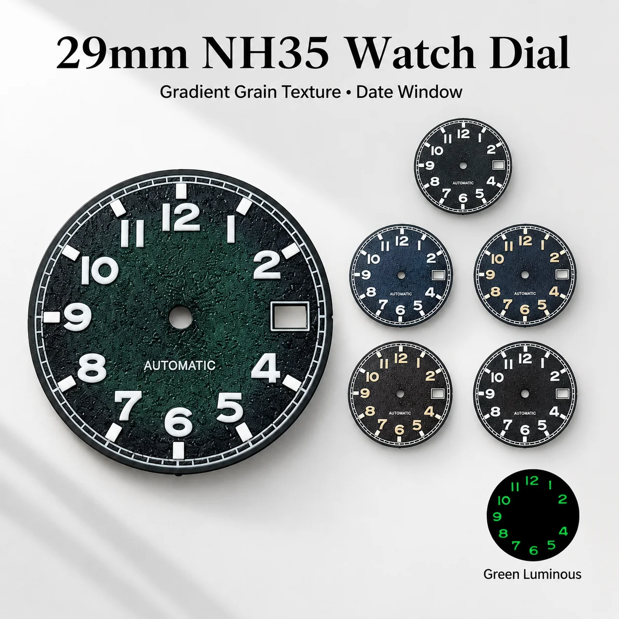 29mm NH35 Sterile Watch Dial Green Luminous Gradient Grain Texture Dial With Date Window Automatic Movement Parts