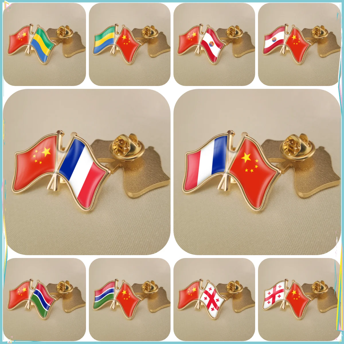 China and France French Polynesia Gabon Gambia Georgia Crossed Double Friendship Flags Lapel Pins Brooch Badges