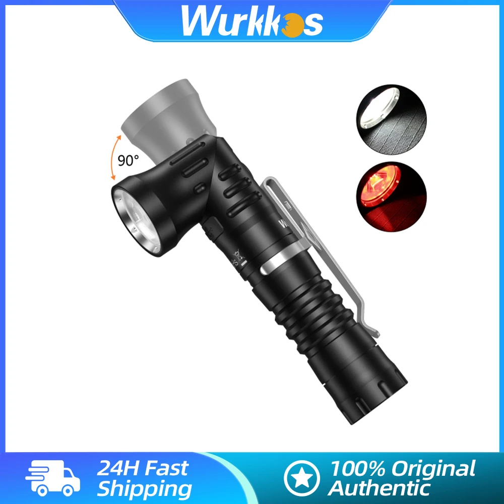 Wurkkos HD11 Rechargeable Lamp 1800LM EDC White & Red Light Head 90° Rotatable 18650 IPX-8 Waterproof Camping Fishing LED Torch