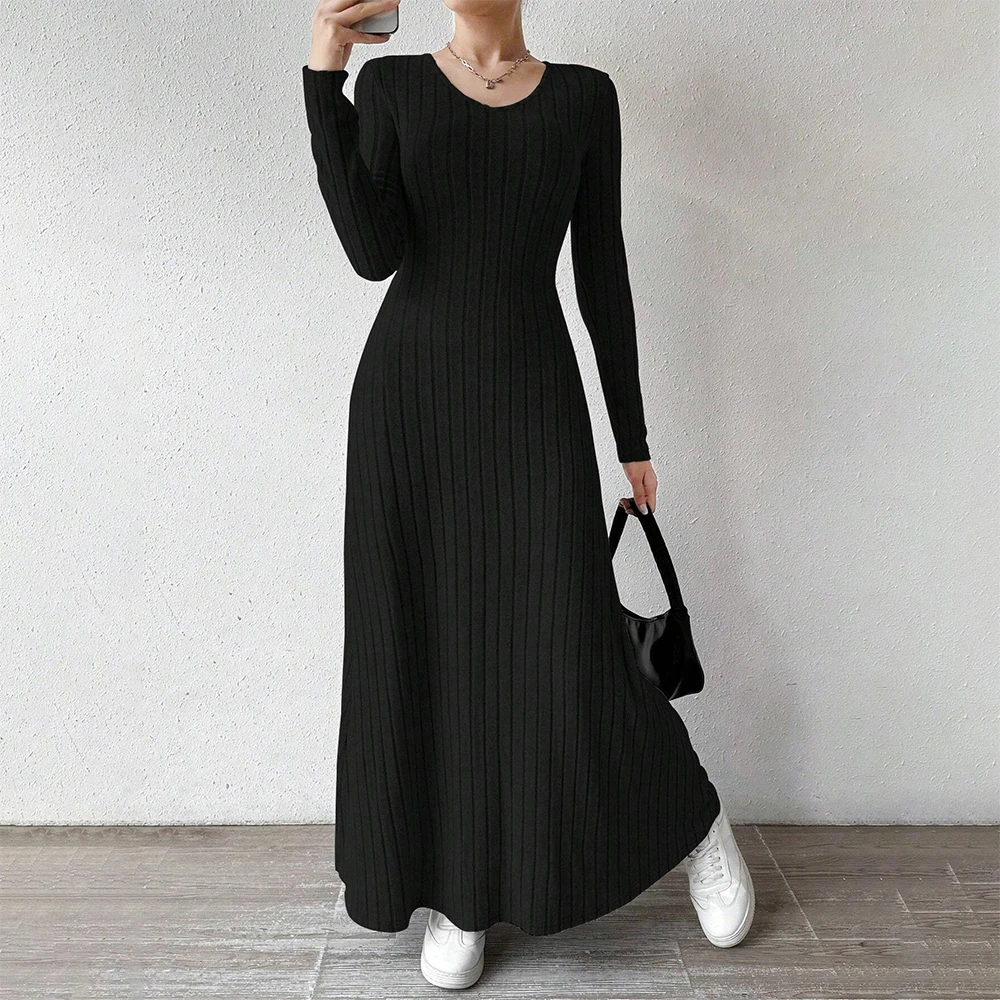 Mia Muse Sukienki damskie All Season Office Lady Ventilate Solid Color Waist In Design Long Sleeve MIDI Lettuce Trim Odpowiednie f