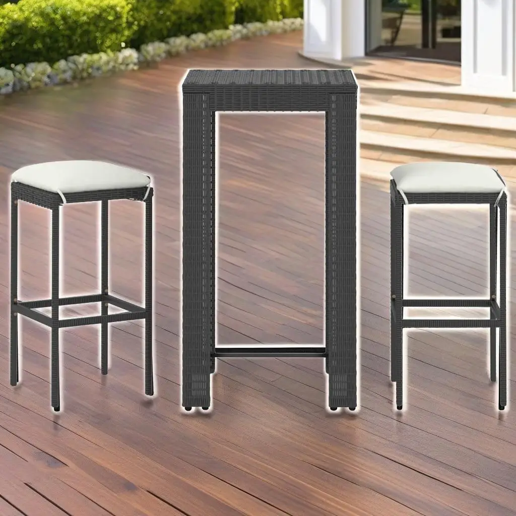 

3-Piece Black Poly Rattan Patio Bar Set with Cushions - Stylish Outdoor Furniture