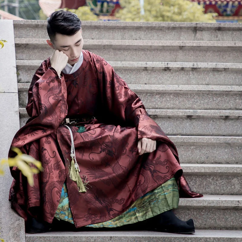 Ancient Chinese Costume Men Women Vintage Clothing Ming Dynasty Hanfu Cosplay Men Round Neck Robe Adult Student Jaquard Dress