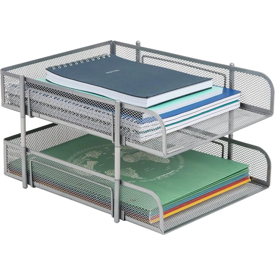 Stackable Paper Tray Desktop Organizer for Office File Storage with Metal Mesh Design Practical Two-Piece Set in Silver Color f