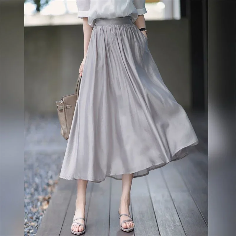 

Skirts for Women Silk Clothing Office Satin Long Womens Skirt Maxi Grey with Pocket Formal Trend Korean Style Cheap Summer 2024