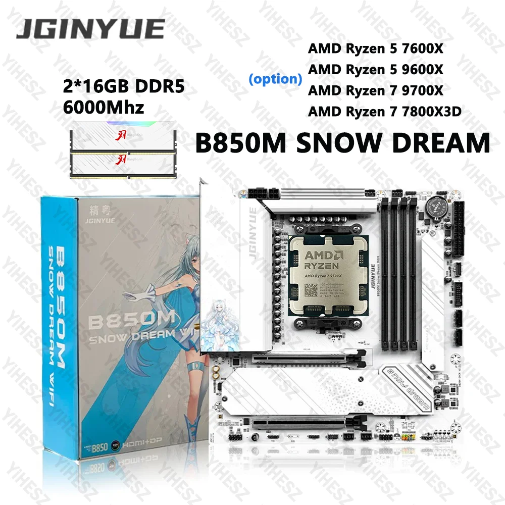 

JGINYUE B850M Snow Dream WiFi AM5 Motherboard For AMD Ryzen 5 9600X AMD Ryzen 7 9700X/7800X3D Desktop DDR5 RAM PCIe5.0x16 BT5.2