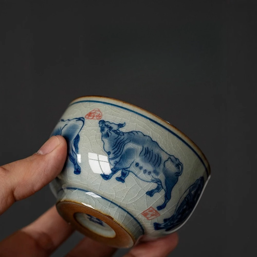 Old Clay Wood‑Fired Five Ox Pattern Master Tea Cup Antique Handmade Luxury Single Kung Fu Tasting Teacup For  Tea Ceremony Decor