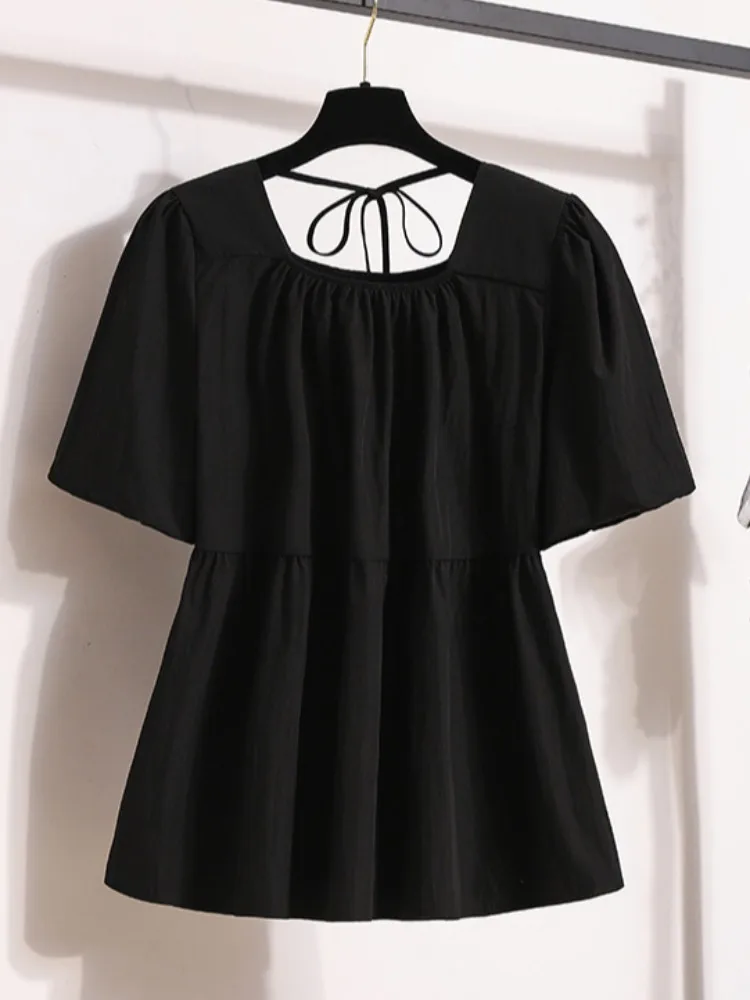 plus Size Square Collar Bubble  Chiffon ort Women Summer Slimming Tummy Covering Doll irt Top