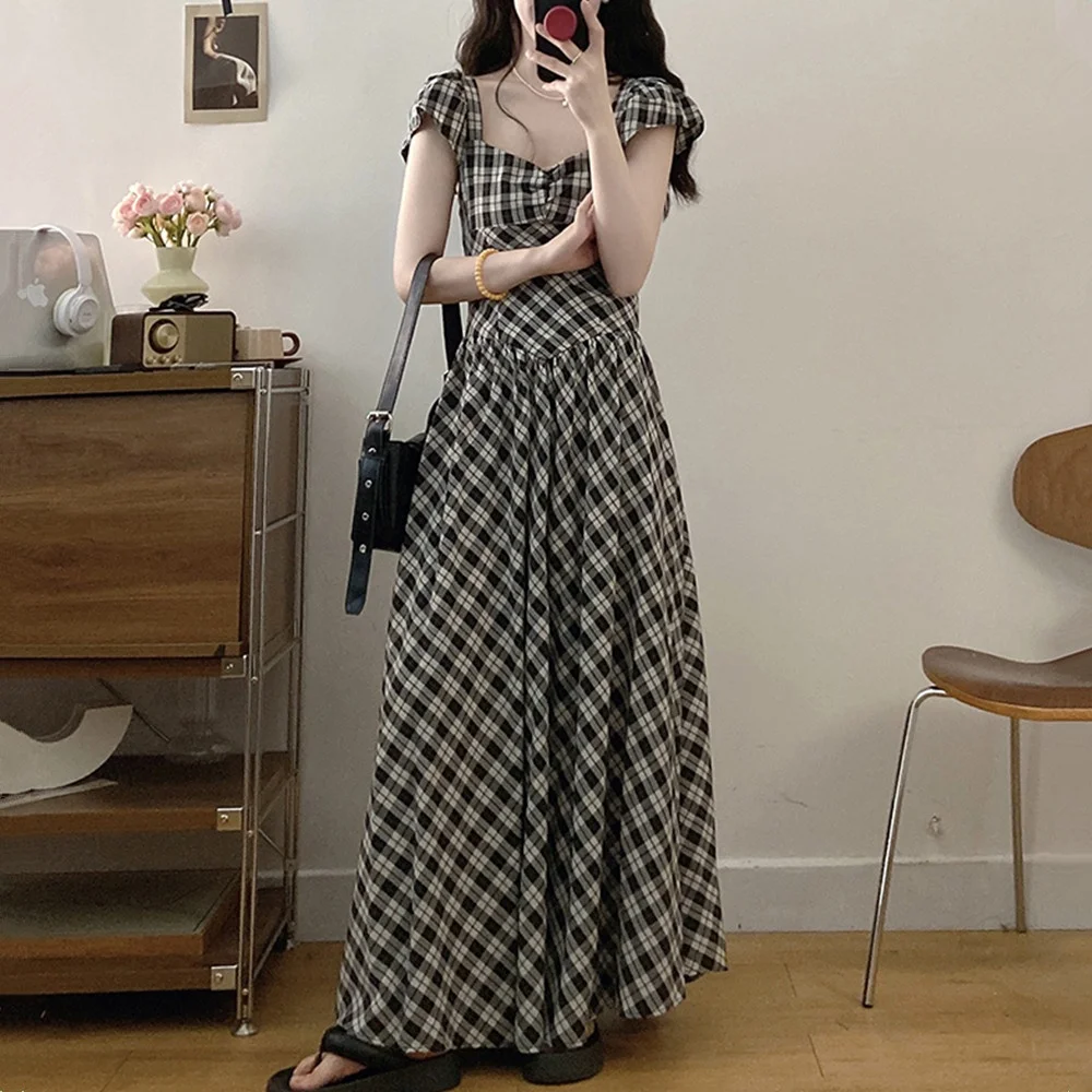 plus Size Hot Girl Bal Plaid Long Dr Summer High Waist Design Ankle Length Vintage Gathered Waistline ort Sve
