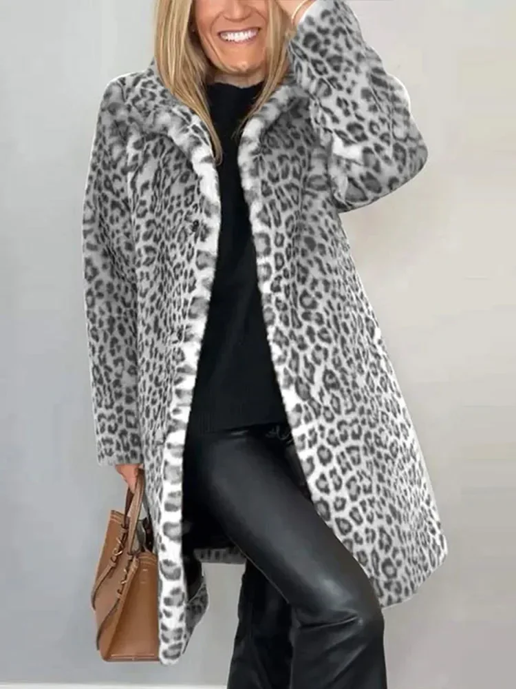 Mujer invierno otoño versátil cálido prendas de vestir diarias de lujo estampado de leopardo abrigos de piel sintética mujeres Retro suelta solapa de felpa abrigos largos