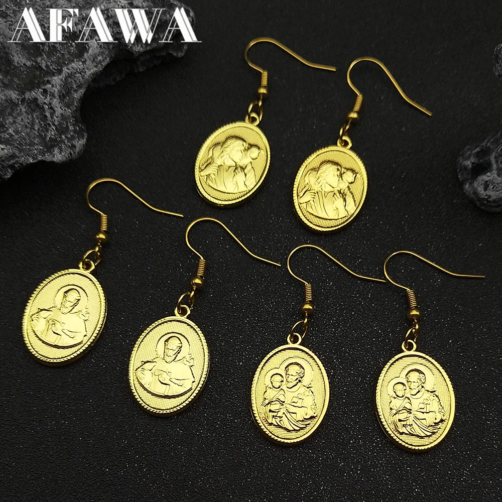 Jesus St. Saint Anthony Pray Us Pendant Earring for Women Men Stainless Steel Gold Color Medallion Drop Earring Jewelry brincos