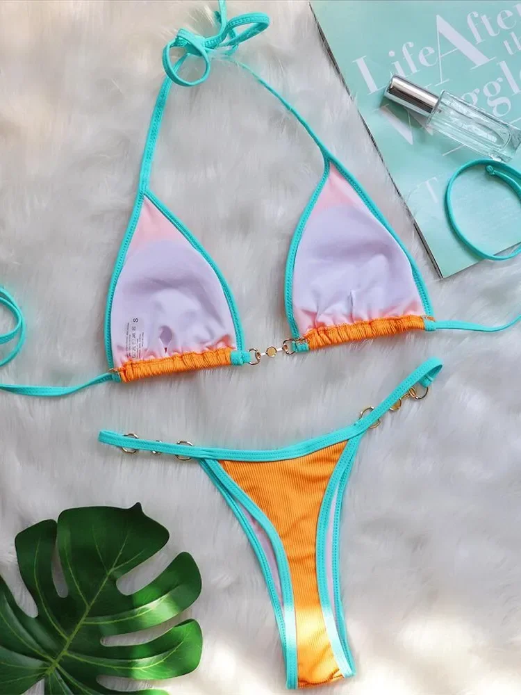 Push Up Micro Bikini Luxury Ribbed Orange Patchwork Ring Pearl Designer Swimsuit Bathing Suit Triangle Swimwear Traje De Baño