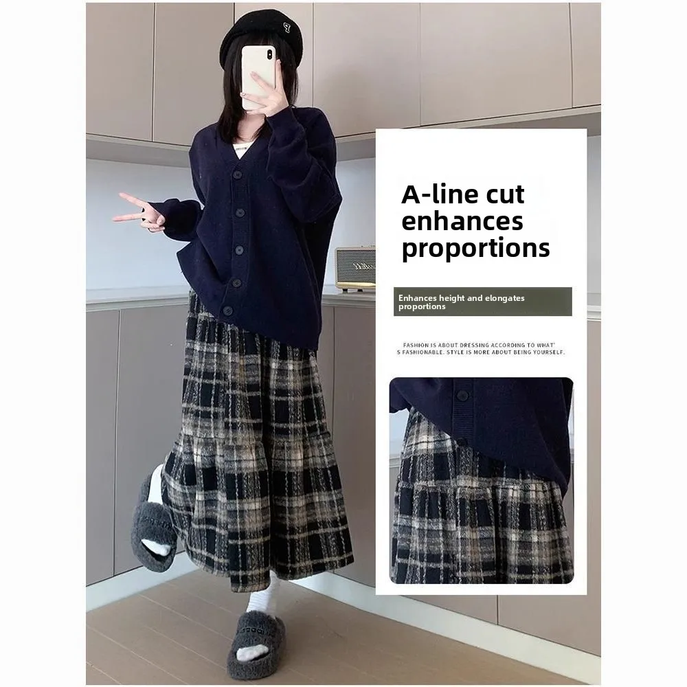 

Новая женская шерстяная юбка в клетку с высокой талией, больших размеров, средней длины, осенне-зимняя, А-силуэт, юбка-солнце, юбка-тортик