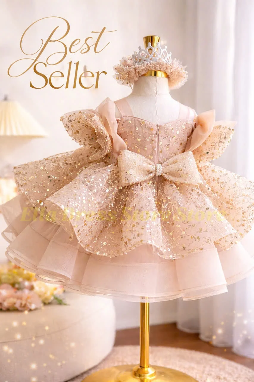 Großhandel Maßgeschneiderte Flauschige Goldene Satin-Blumenmädchenkleider Knielang Hochzeitsfeierkleid Schleife Kleinkind Baby Geburtstag Festzug Ballett – Detail 3