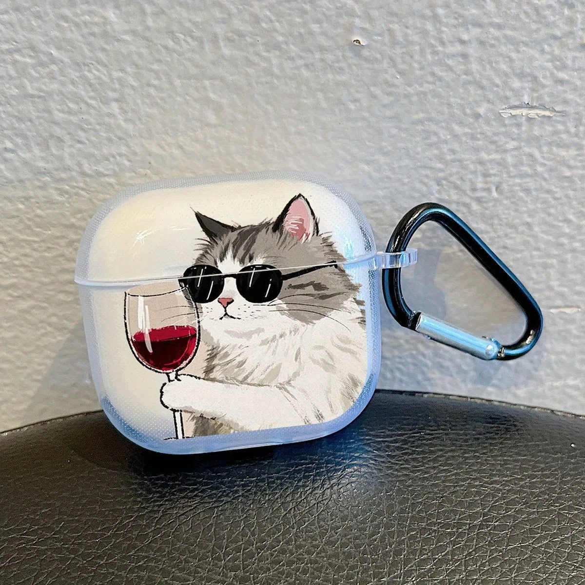 Glasses Cat Drinking Red Wine Pattern for Apple Airpods Pro3/Pro2/Pro Transparent Earphone Case Airpods 1/2/3/4 Protective Cover