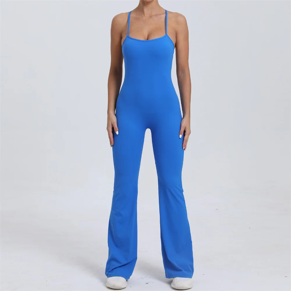 2024 Back V Gym Women Training Sportswear Yoga Set Flare Legging One Piece Jumpsuit Fitness Rompers Scrunch Workout Active Suit