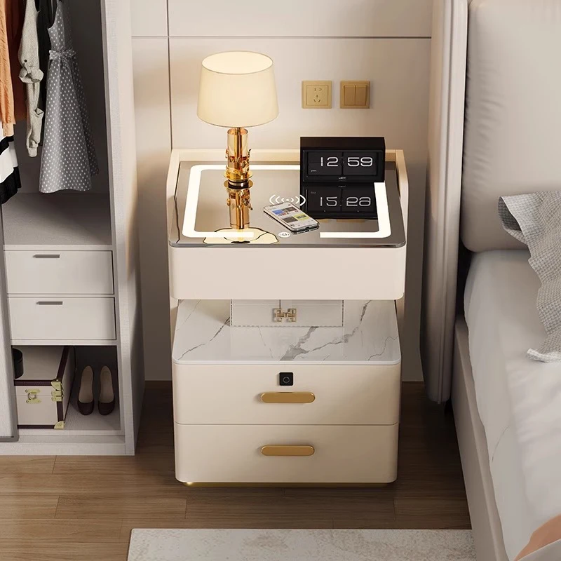 طاولة سرير ذكية مع قفل بصمة الإصبع ومحطة شحن لاسلكية وأضواء LED ومنفذ USB وخزانة تخزين ذات 3 أدراج
