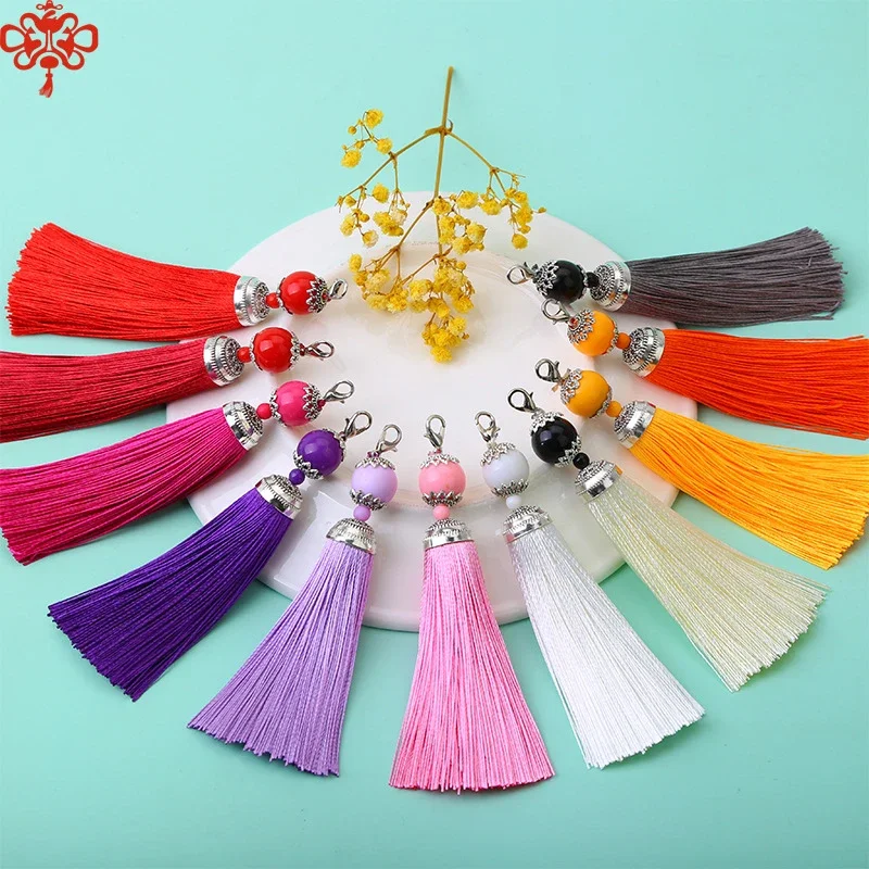 2Pcs/Lot Lobster Clasp Tassel Silk Fringe Key Chain Beads Long Tassel Pendant for DIY Crafts Jewelry Making Home Decor