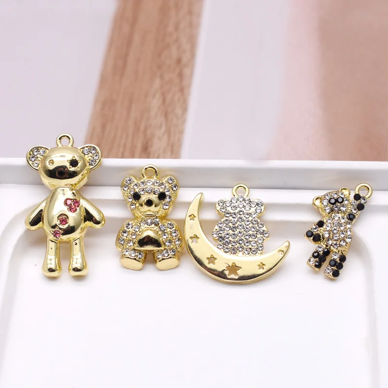 6pcs Gold Color Rhinestone Microinlay Mini Bear Pendant Alloy Bear Charms Pendant For Jewelry Making Cute Earrings Necklaces