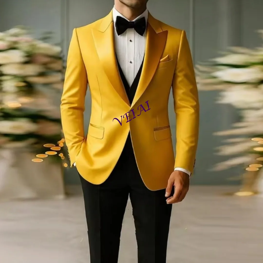 

Новый желтый и черный костюм по индивидуальному заказу для торжественных случаев, жениха, жениха, свадебной вечеринки, выпускного вечера, мужские смокинги, комплект из 3 предметов, пиджак, жилет, брюки