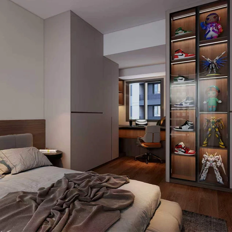 Modern Integrated Bedroom Wardrobes with Built-in Desk, Bespoke Floor-to-Ceiling Closet System, Multifunctional Storage Units