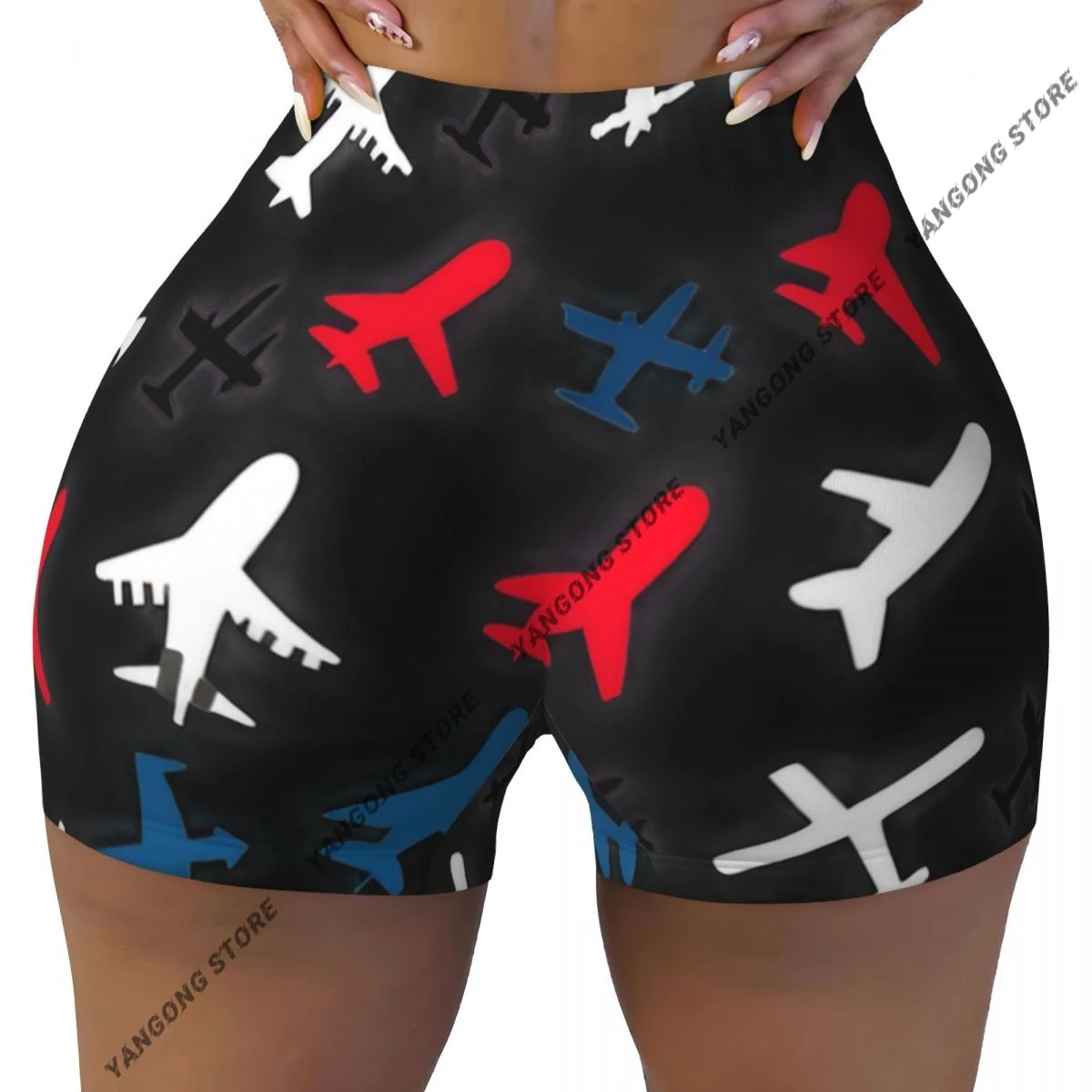 

Шорты для йоги из спандекса для женщин с принтом самолетов, для тренировок, с эффектом подтяжки ягодиц