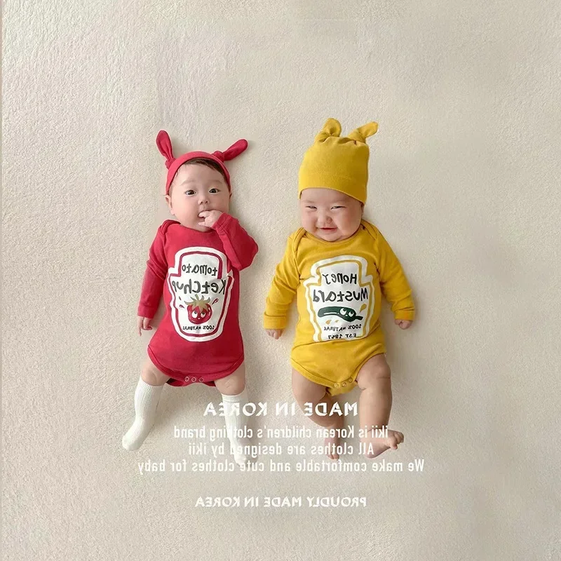 5075B Newborn Clothes Baby Bodysuit Spring Autumn Harbin Clothing Korean Fruit Letter Print Boy's One Piece Clothes With Hat