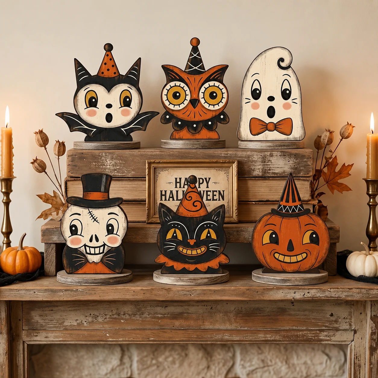 1/6pc Halloween Decor Indoor Retro Wooden Block for Shelf Decoration,Cute Ghost,Pumpkin,Black,Cat,Skeleton,Owl,Housewarming Gift